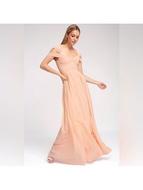 Lulus blush pink chiffon like bridesmaid Off-Shoulder Maxi Dress wedding guest